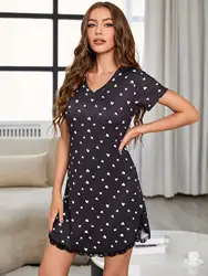 Heart Print Summer Women's Nightgown V Neck Short Sleeves Sleepwear Lace Hem Nightdress Pajamas Nighties Side Split Nightwear