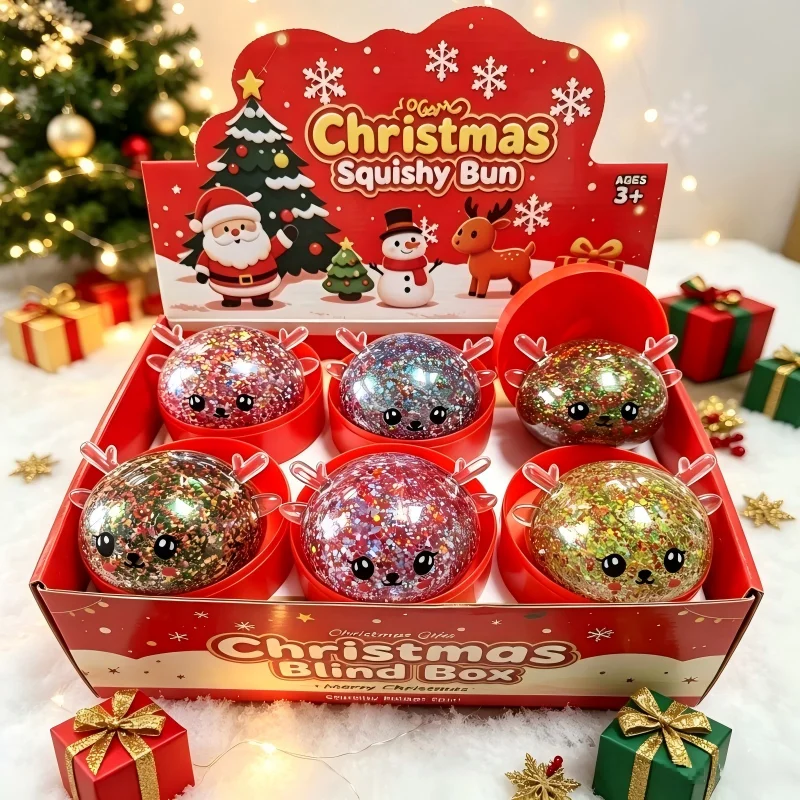 Christmas Elk Glitter Dumpling Squishy Toy Soft Slow Resilience with Steamer Sensory Anxiety Relief for Party Christmas Gift
