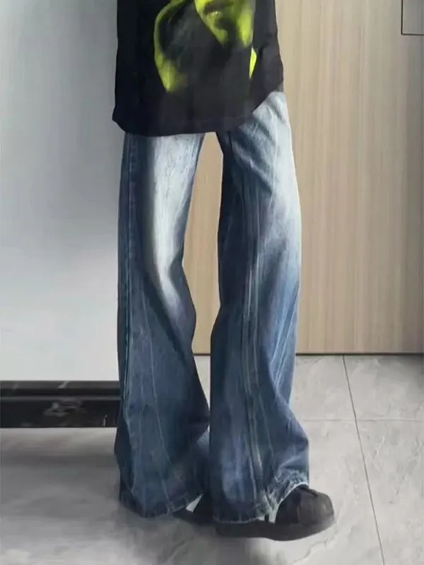 

Ретро-джинсы с американским принтом в виде молнии, расклешенные, в стиле хип-хоп, повседневные, синие, с эффектом потертости, винтажные, мужские, длинные брюки прямого кроя, свободного силуэта