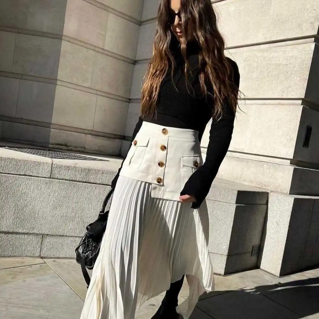 Women's Casual f-length Skirt Autumn Winter New Sle Irregular Splicing Pleated Long Skirt Fem High Waist H-ape