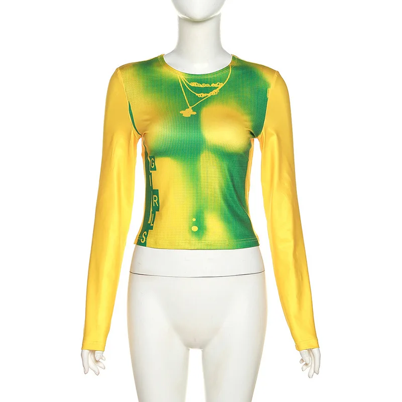 2024 Autumn Fashion Trend Women's Clothing New Round Neck Printed Slim Fit Long Sleeved Exposed Navel Versatile T-Shirt