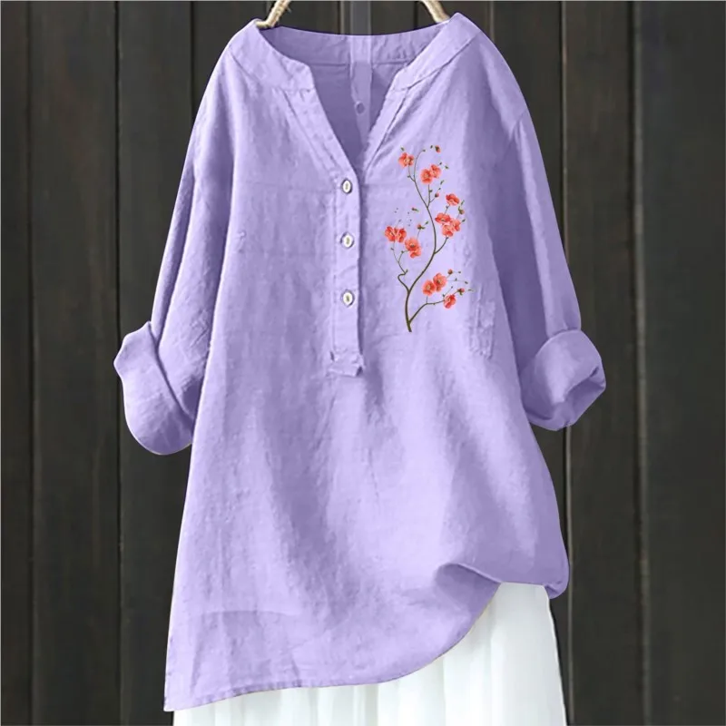 Women Casual Trendy V Neck Dressy Blouses Long Sleeve Button Tunic Long Tops New Summer Vintage Floral Art Print Linen Shirts