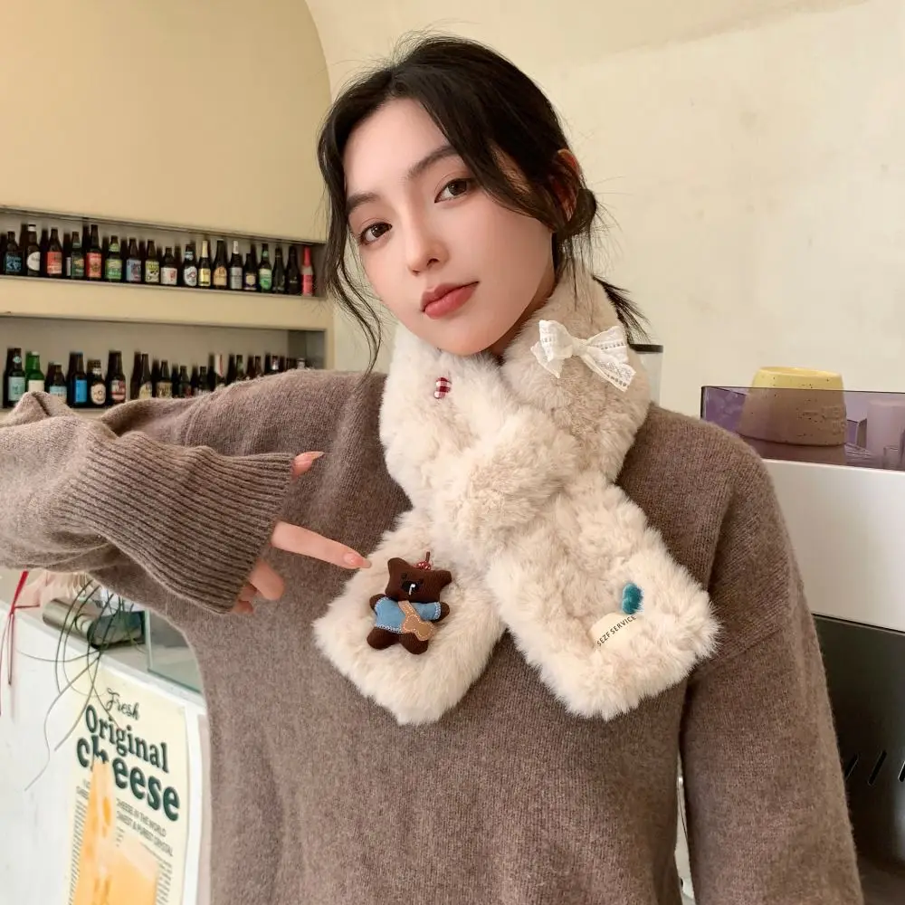 

Милый однотонный шарф с крестом, утепленный шейный платок с рисунком медведя из искусственного меха ягненка для девочек