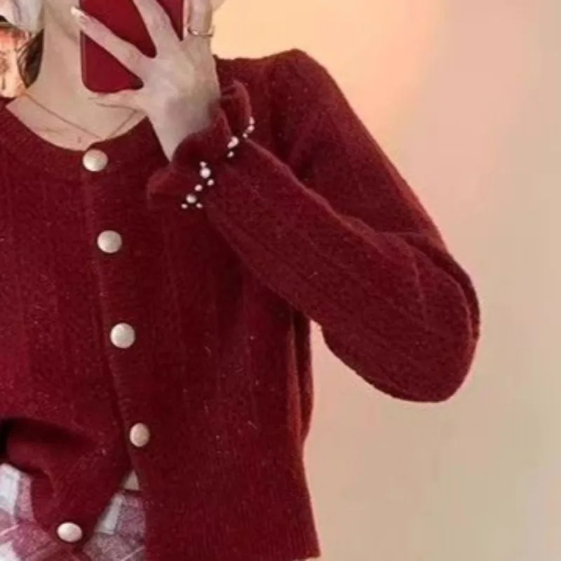 Vintage Cardigans for Women Korean Style Long Sleeve Single Breasted O-neck Knitted Ins Red Solid Fashion Casual Warm Popular