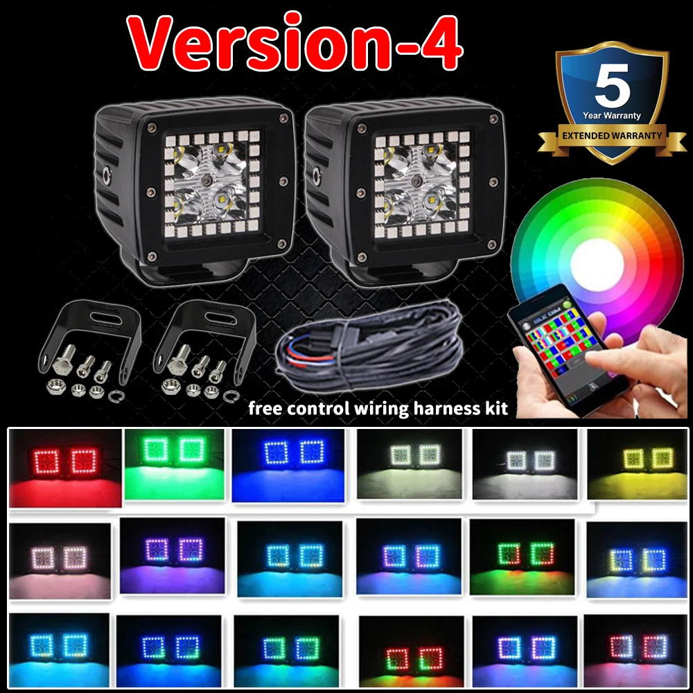 2pcs 3 inch Led Cube Lights Spot/Flood Beam 48W Work Light Headlights Fog Driving with RGB Chasing Halo Kit for Car Truck ATV