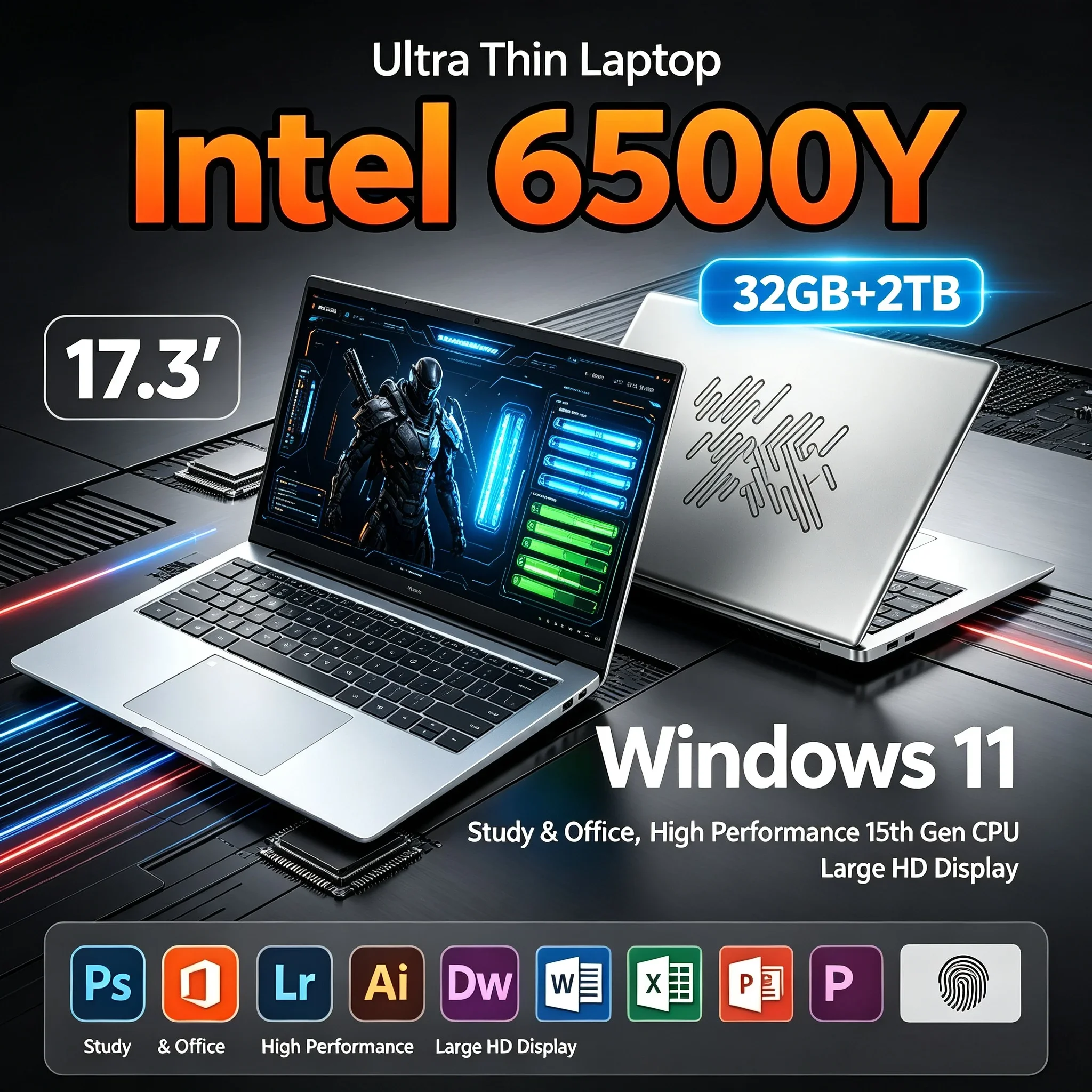 17.3'' Large Screen Laptop Notebook Intel 6500Y 32GB RAM 2TB SSD Win11 WiFi6 Bluetooth5.2 Portable PC For Study Office Home Work