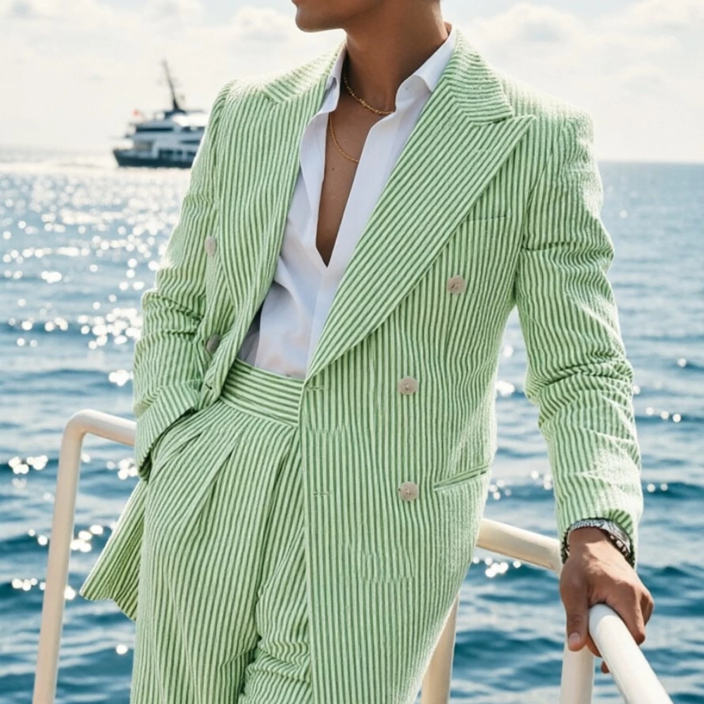 

Seersucker Summer Suits Men Double Breasted Casual Striped Seersucker Suit Stylish for Beach Vacation Wedding Men Suits