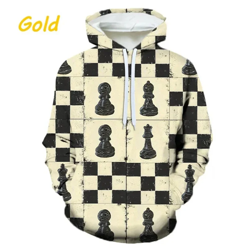 Hoodie longgar lengan panjang, Hoodie motif catur 3D, Hoodie longgar Harajuku lengan panjang, permainan papan lucu, Hoodie motif 3D