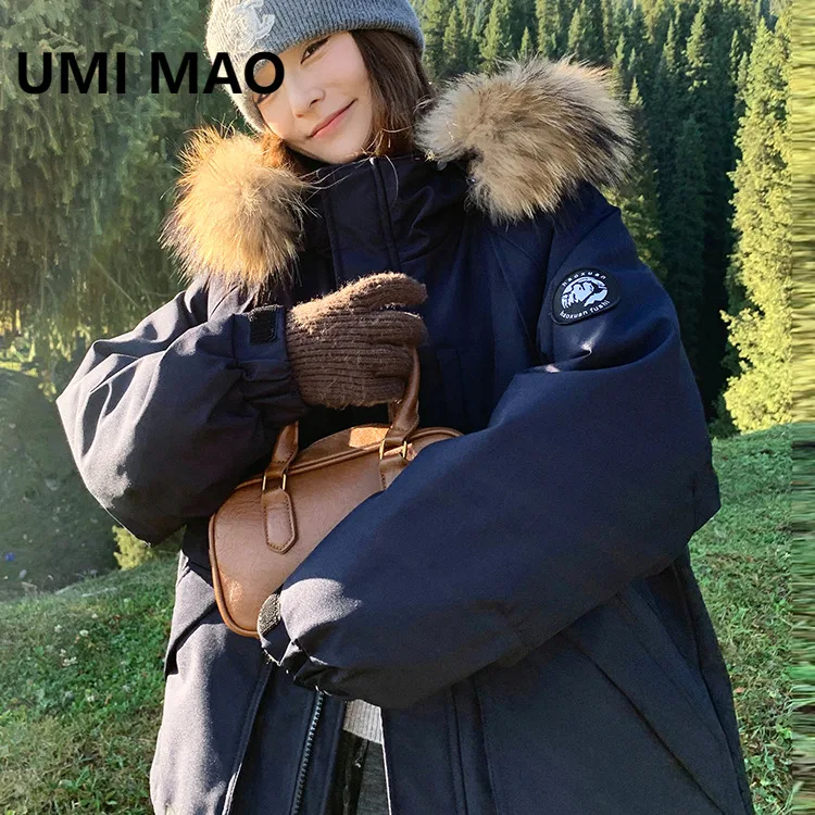 UMI MAO 90 White Duck Down Jacket Winter New Warm Thick Loose Parker Fur Collar Parker Coat Hooded Down Jacket Femme