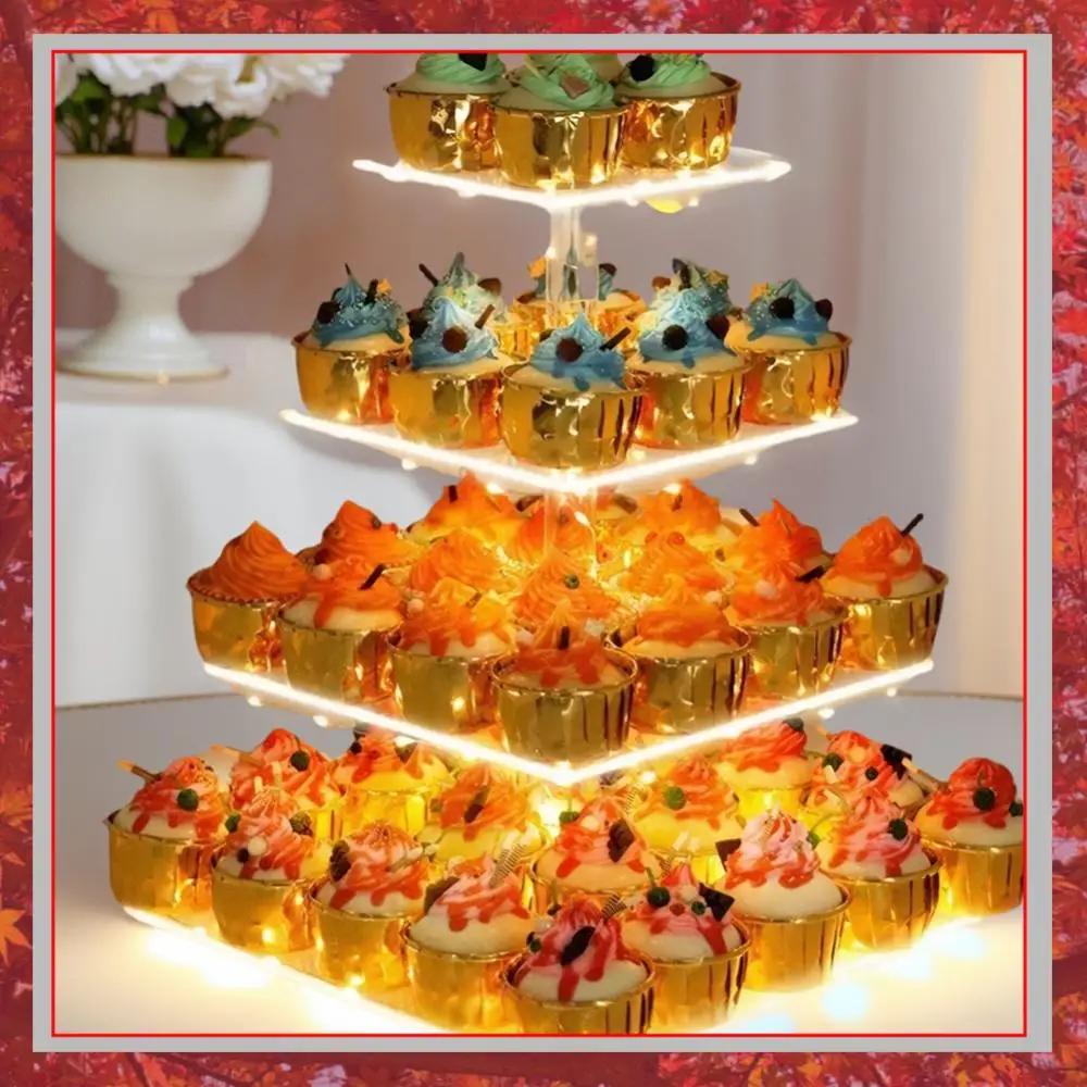 3/4 Tier Acrylic Cupcake Display Stand with LED Light Square Display Stand Multifunctional Cake Serving Platter for Celebration