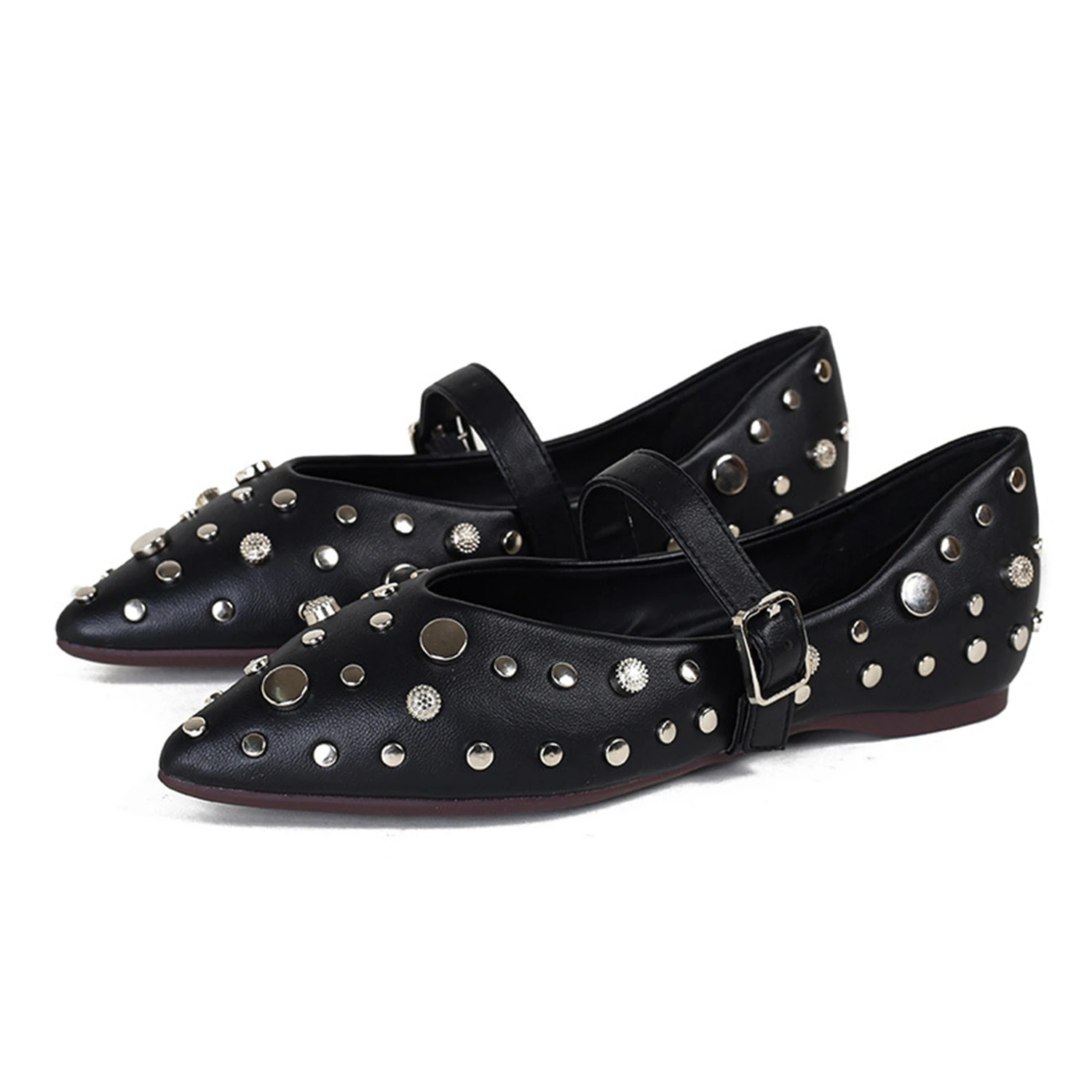 

Big Size 43 Vintage Mary Jane Pointed Toe Studded Black White Women's Flat Spring Summer Elegant Ballet Flats Women's Shoes