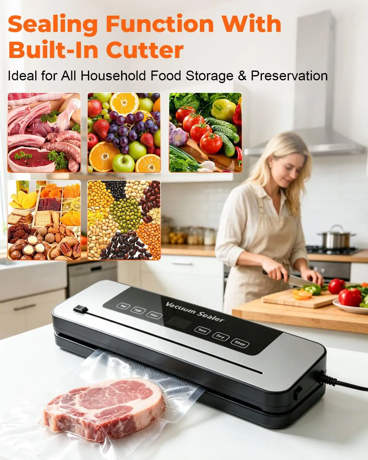 Vacuum Sealer Machine 139KPa Strong Suction Dry Moist Mode Automatic Food Sealer with Digital Timer, Built-in Cutter