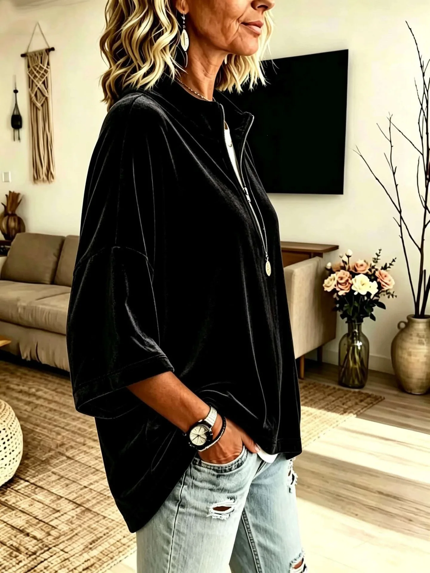 Autumn Winter Velvet Solid Half Zip Sweatshirts Stand Collar 3/4 Sleeve Loose Casual Pullover Tops Women Vacation Daily Hoodie