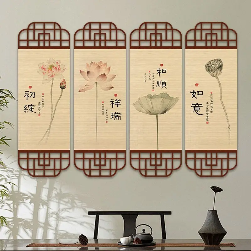 Zen Lotus Bamboo Scroll Wall Tapestry, Handmade Canvas Art for Living Room Tea Room Background, Aesthetic Room Decor