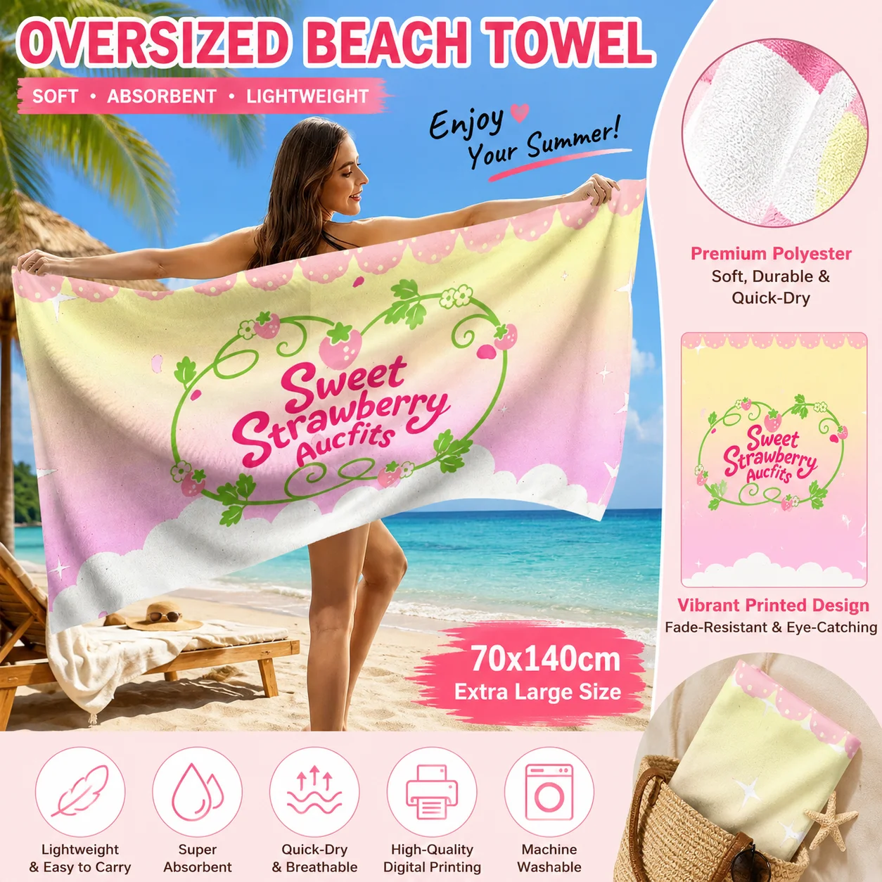 Towel Small Sport - Summer Sweet Strawberry Beach Towel Quick-Drying