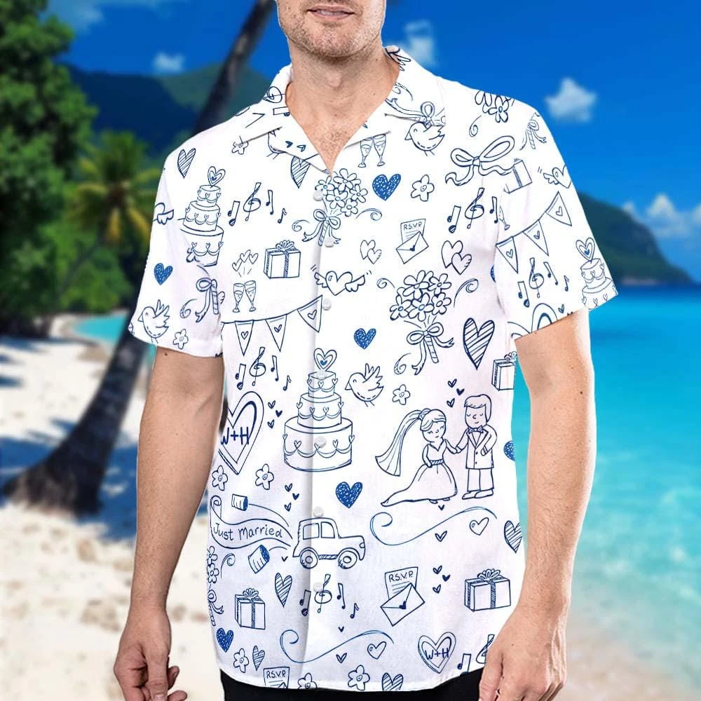 

Мужская гавайская рубашка Aloha с коротким рукавом на пуговицах, с индивидуальным принтом «Just Married», для свадьбы, повседневная, пляжная, 2026