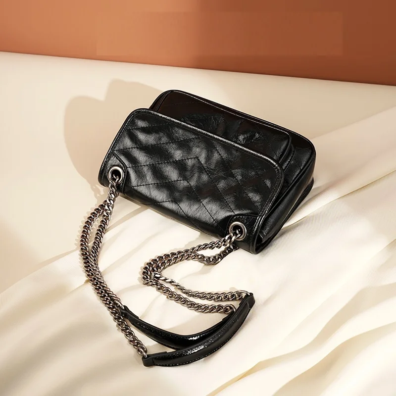 New Brand Second Cow leather Bags Black Purses Luxury Women Trendy Shoulder Bag Fashion Chains High Quality#6123183043