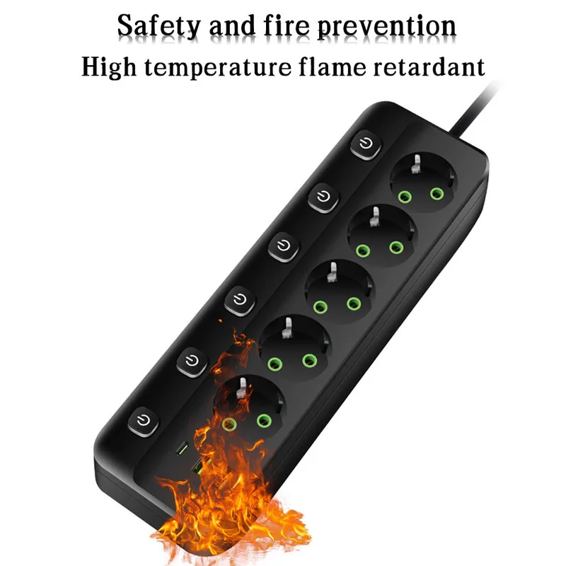 الاتحاد الأوروبي التوصيل قطاع الطاقة مع 3/5 منافذ التيار المتناوب + 2 منافذ USB + 1 نوع C 6/8 في 1 التوصيل محول مأخذ التوصيل 2 متر مقبس كهربائي للمكتب المنزلي