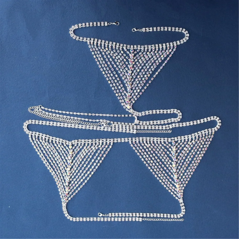 Conjunto de cadena de cuerpo Sexy, Bikini de perspectiva, sujetador con flecos de diamantes de imitación, ropa interior, accesorios de actuación para club nocturno, nuevo