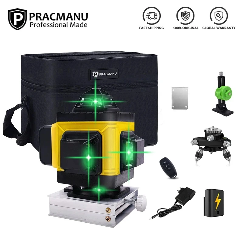 Pracmanu Laser Level 4D 16 Lines Laser Level Green Beam 360° Self-Leveling Laser Level with Remote Control