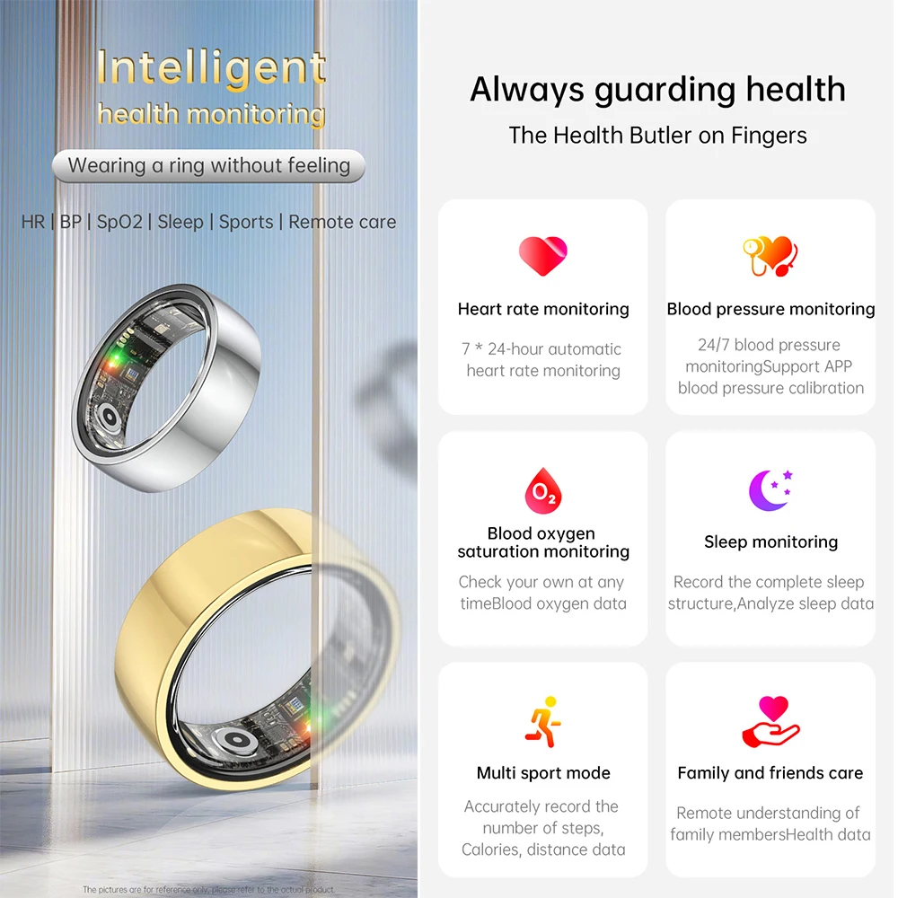 R1000 الفولاذ المقاوم للصدأ موضة حلقة ذكية IP68 Waterperoof معدل ضربات القلب الأكسجين في الدم رصد الضغط أنيق البنصر الرجال النساء