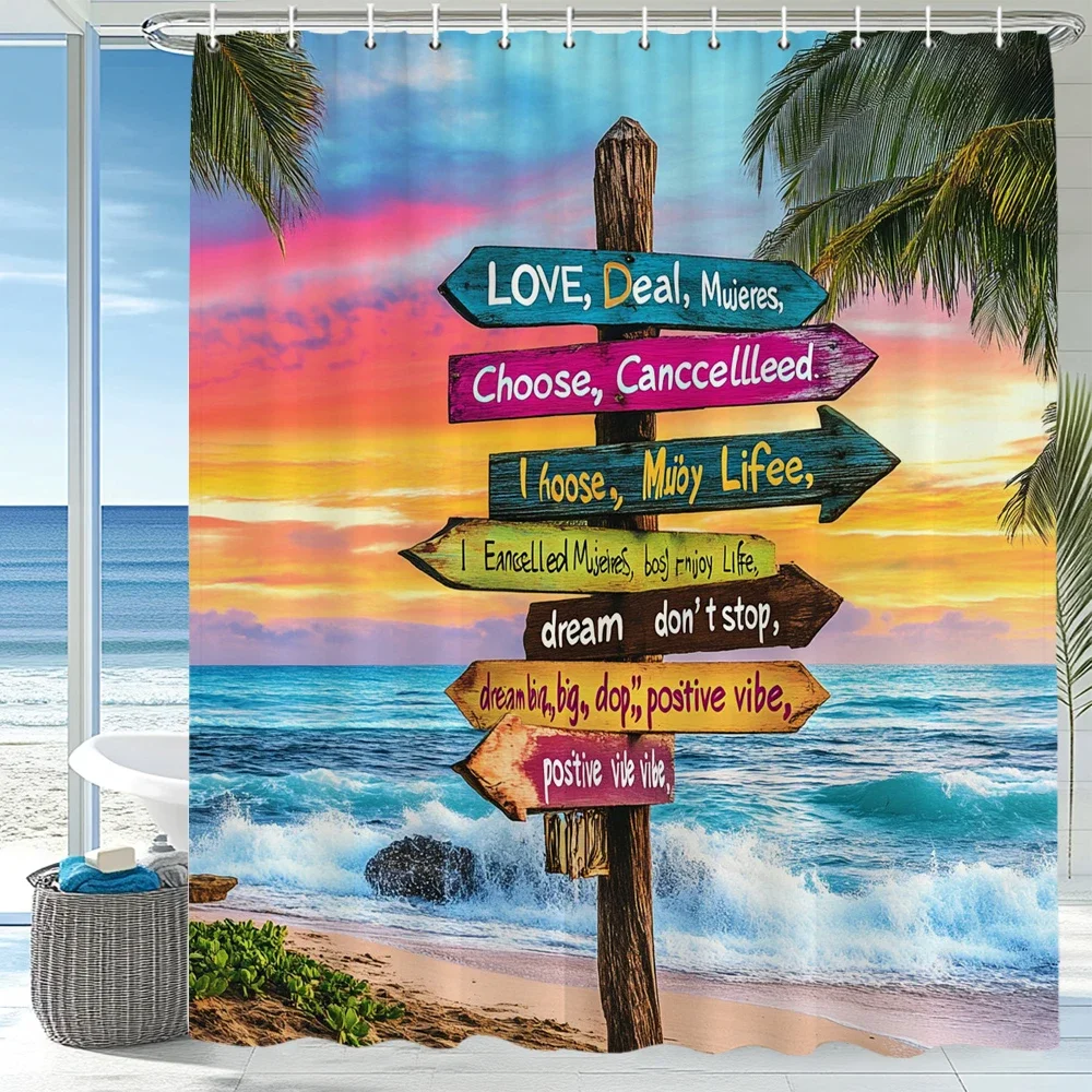 Sunshine Beach Sign landscape Shower Curtain for Bathroom Seascape Printing Bathtub Curtains Polyester Bath Curtain with Hooks