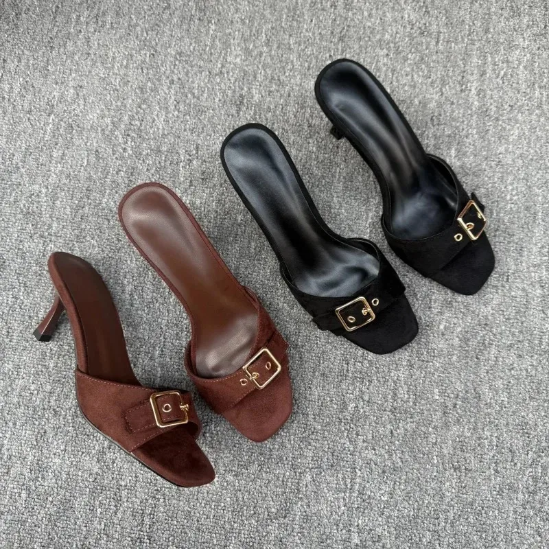 Foreign Trade Women's New Fashion and Versatile Belt Buckle Flip-flops Square-toe Slippers Wear Sandals and Slippers Outside