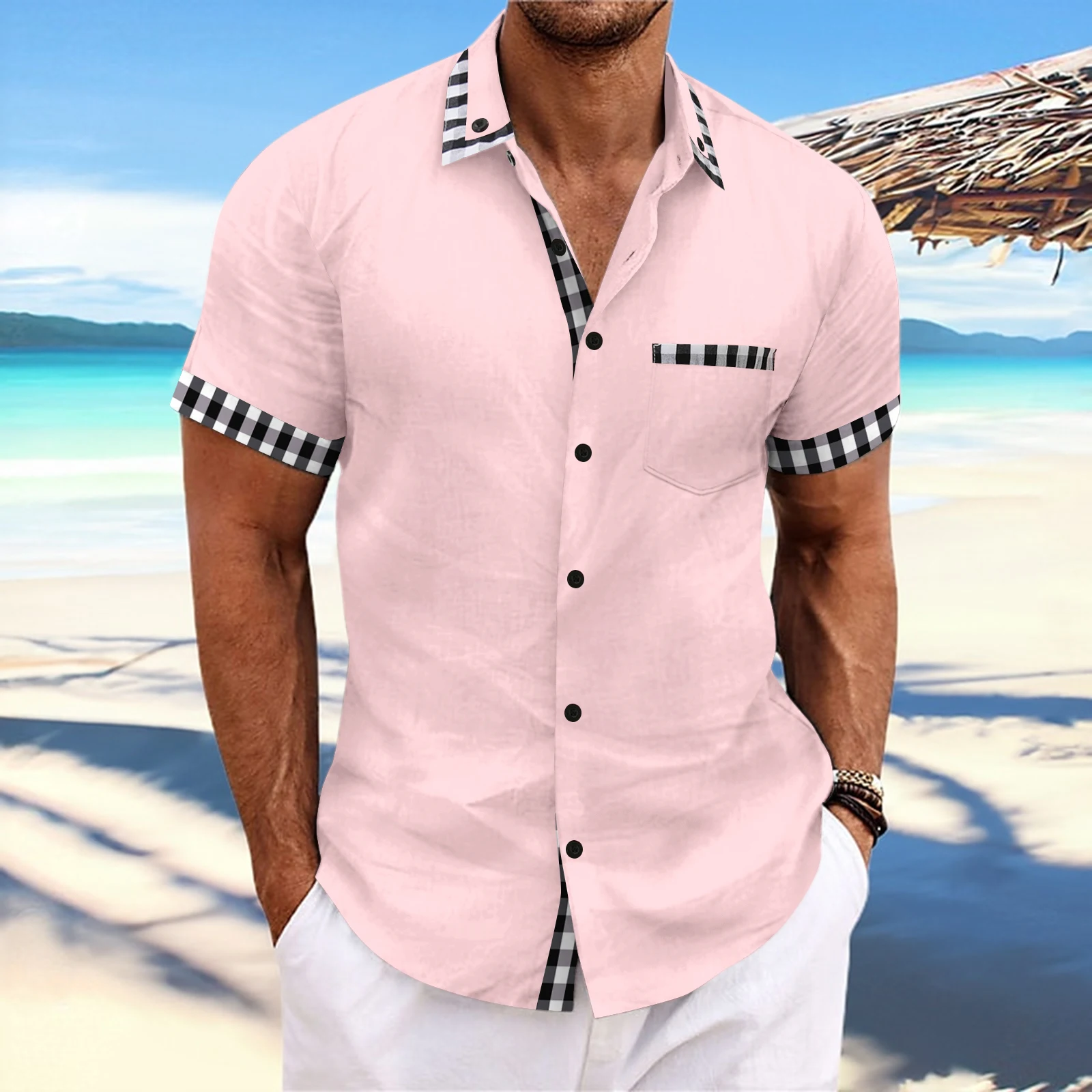 Summer men's fashion explosion solid color matching color pocket short-sleeved shirt, casual trend comfortable slim beach men's