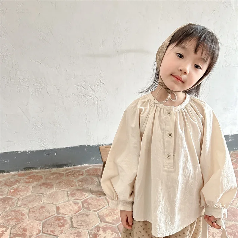 

2024 children's clothing autumn new girls' autumn Korean version bat sleeves washed cotton shirt children's shirt girls clothes