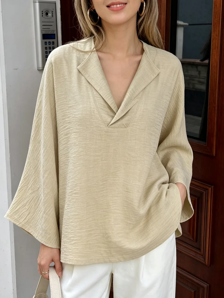 Blouse Women Casual Simple Stand Up Collar V-neck Ruffled Long Sleeved Shirt Basic Version Solid Color Top Suitable for Home