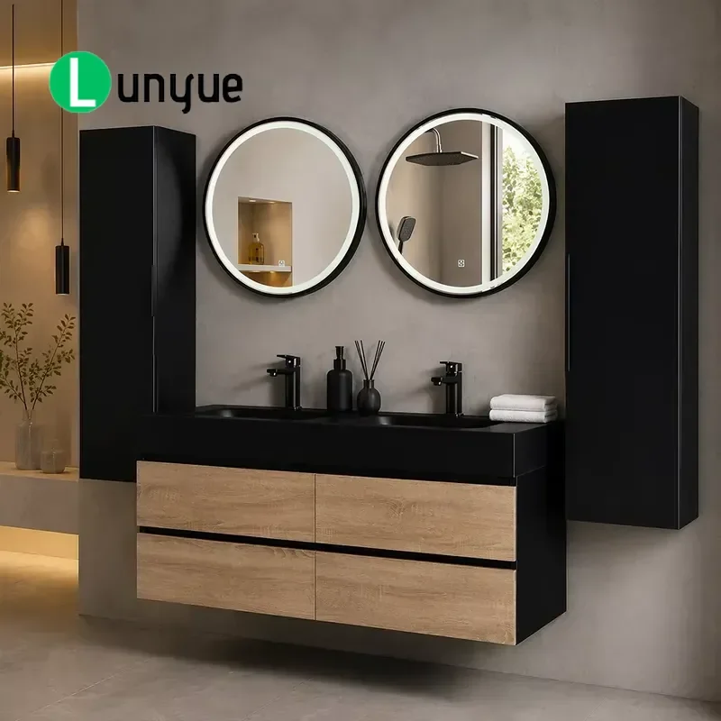 48 Inch Wood Matte Black Double Sink Floating Bathroom Vanity with LED Mirrors Eco-Friendly Luxury Wall-Hung Cabinet Set for