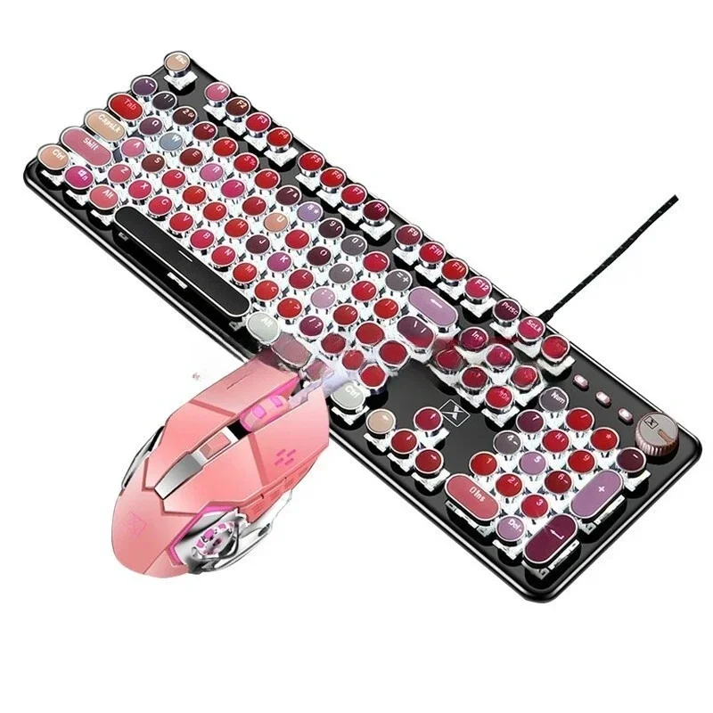 X9VR lipstick real mechanical keyboard mouse set retro girl pink cute round key game keyboard cross-border