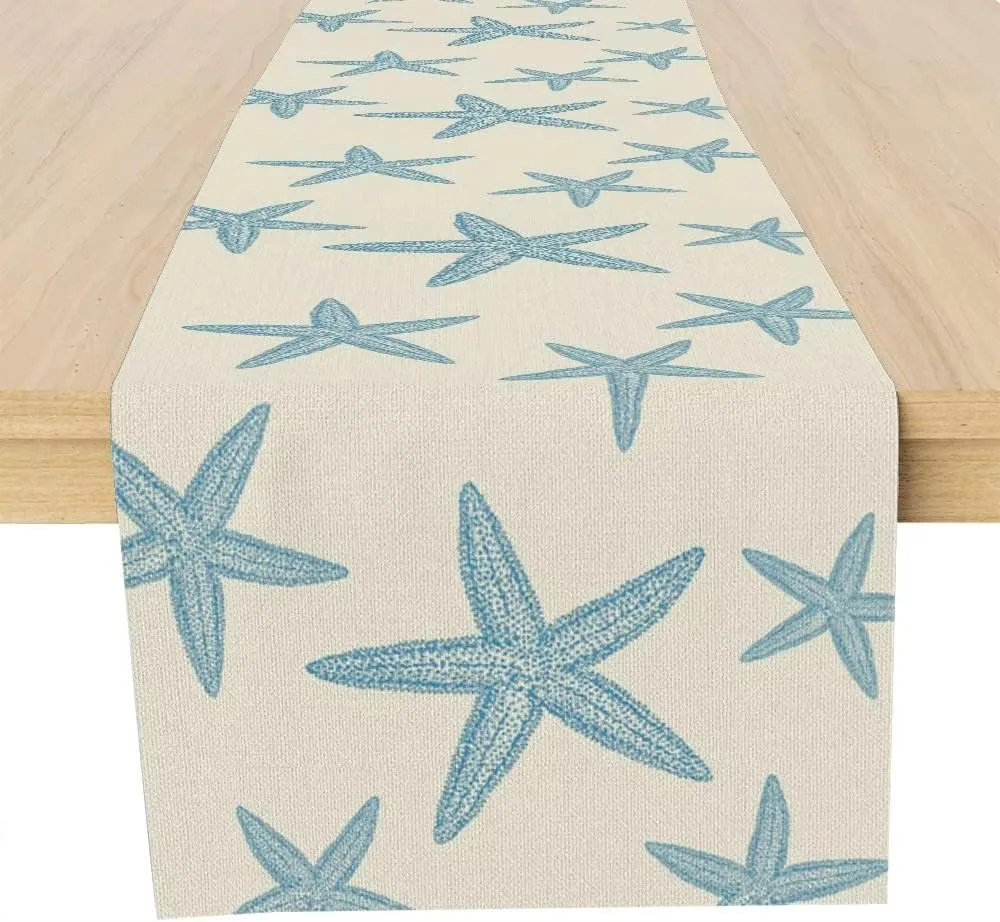 Nautical Blue Starfish Table Runner Linen, Beach Ocean Party Decor for Holiday Dining and Celebrations