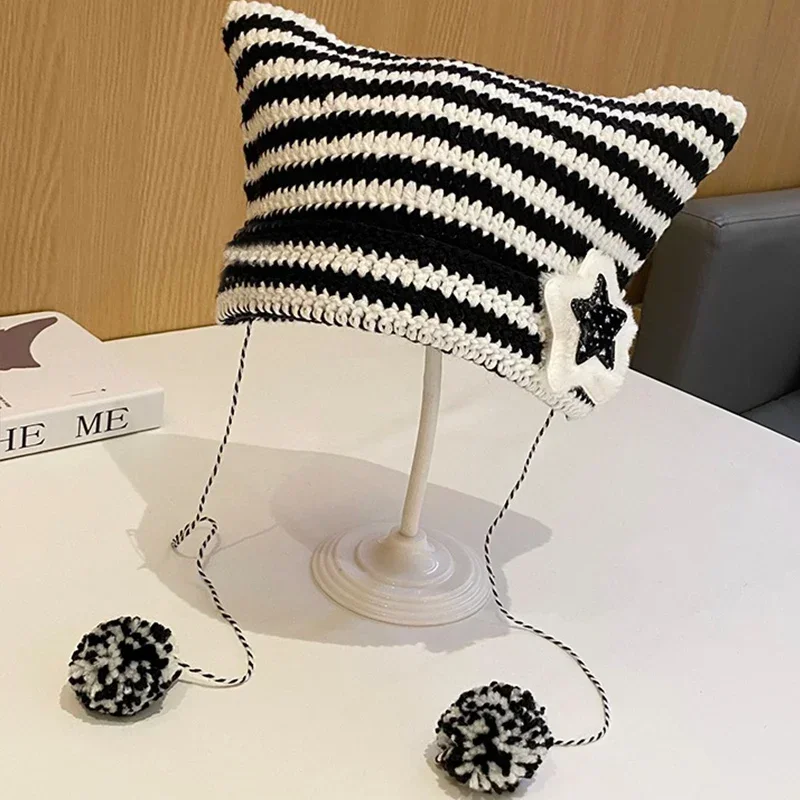 Gorro de punto del pequeño diablo para mujer y niña, gorro de lana a rayas con estrellas Y2K Punk, gorro más cálido con orejas de gato, ropa de calle