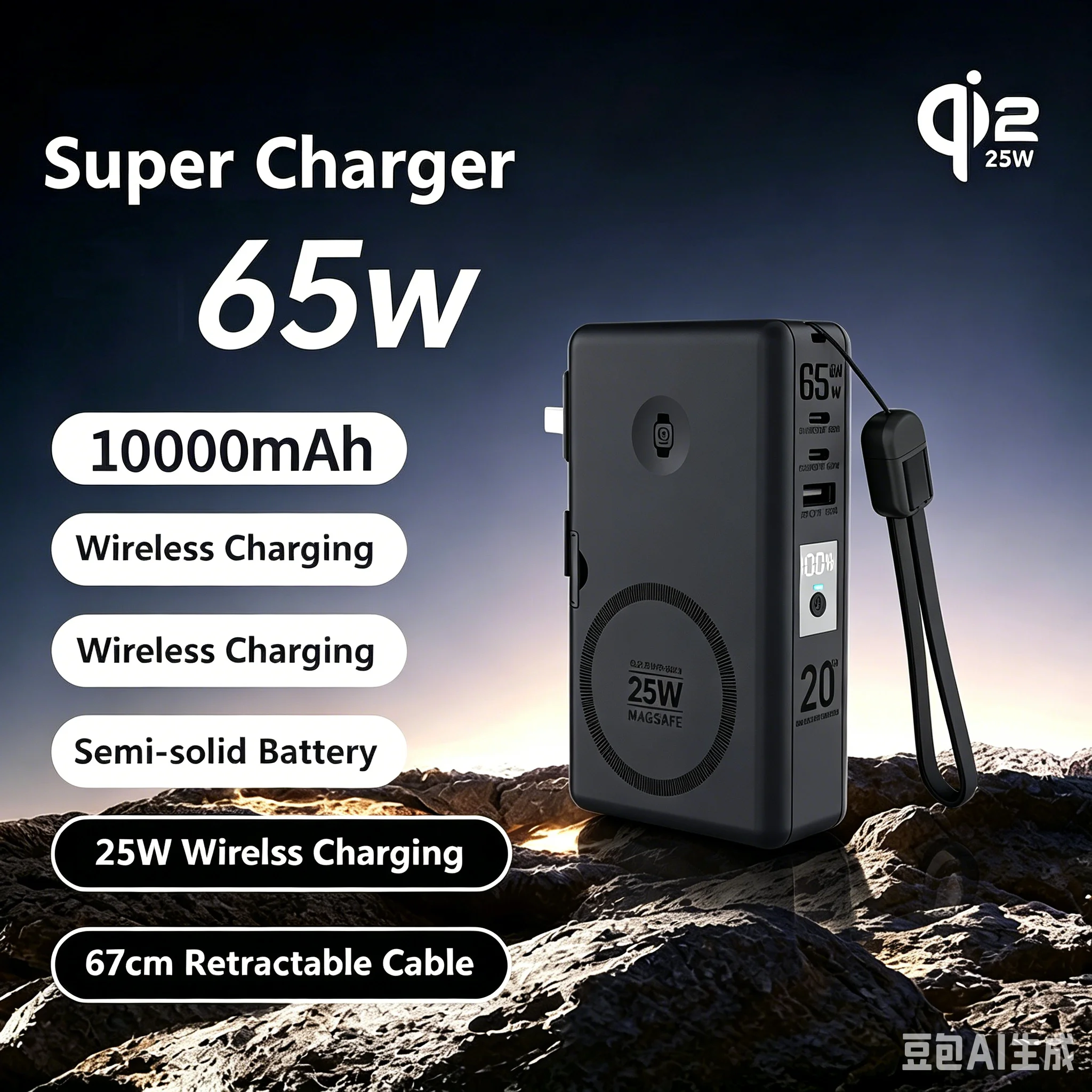 Solid-state Battery Power Bank 20000mAh 65W Fast Charging for Laptop 25W Wireless Charger for iPhone Magnetic Charger for iWatch