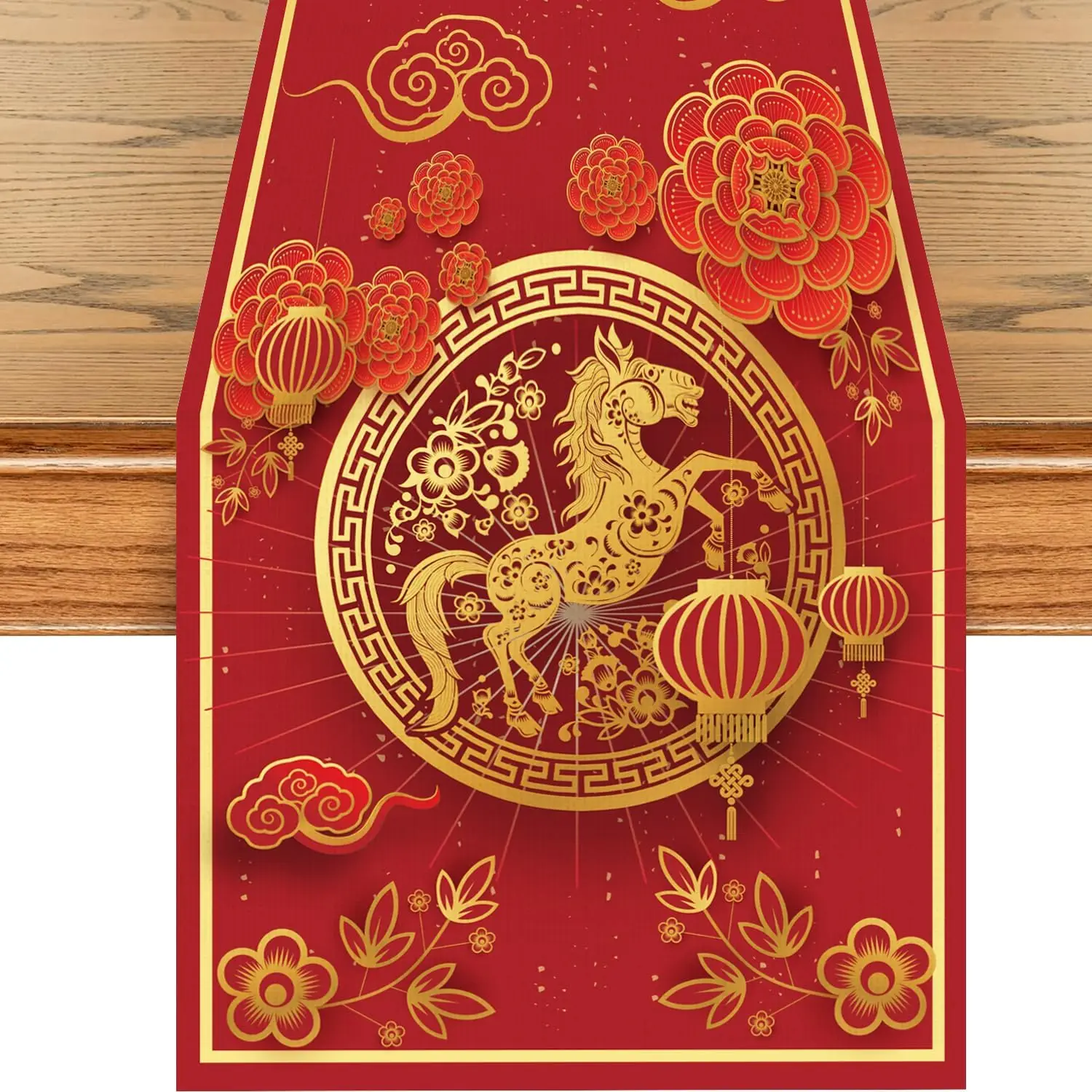 Chinese New Year Linen Table Runner Party Decor 2026 Horse Theme Red Gold Kitchen Dining Table Runner Lunar New Year Decorations