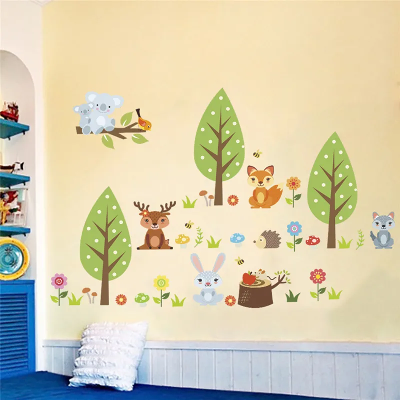 Cute Forest Animal Tree Wall Sticker For Kids Room Bedroom Decoration Bunny Squirrel Safari Mural Art Diy Pvc Home Decal