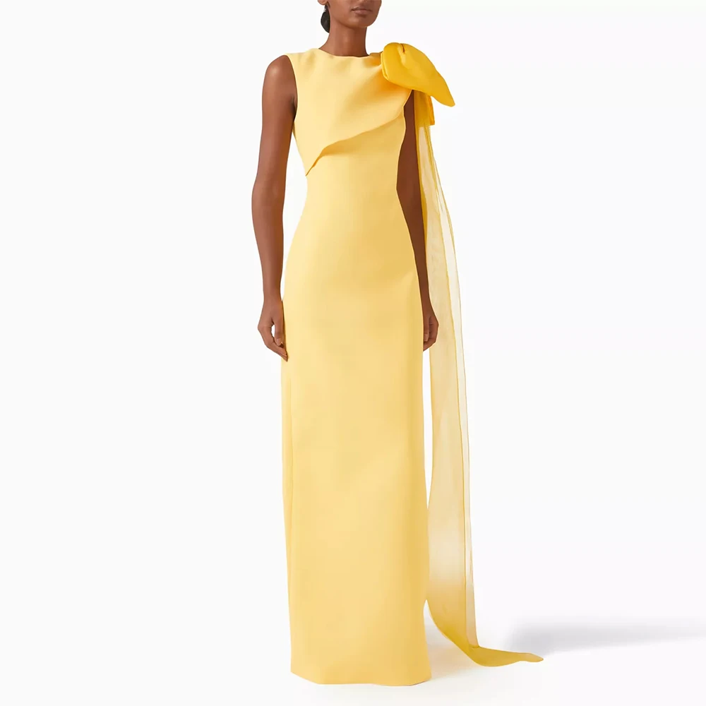 

Chic Prom Dresses for Ladies Jersey Sheath/Column Formal Evening Dress Yellow O-Neck Bow Draped Split Bespoke Occasion Gown Long