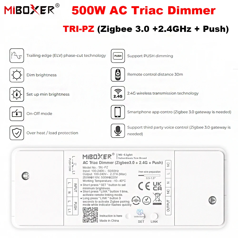 

Miboxer TRI-PZ 500W AC Triac Dimmer (Zigbee 3.0 +2.4GHz + Push) Brightness Adjustable Google Home Alexa Triac Dimmable LED Lamps