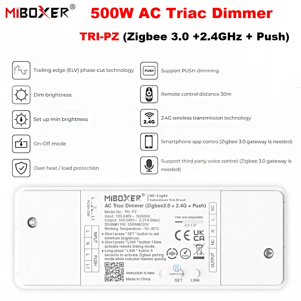 Miboxer TRI-PZ 500W AC Triac Dimmer (Zigbee 3.0 +2.4GHz + Push) Brightness Adjustable Google Home Alexa Triac Dimmable LED Lamps