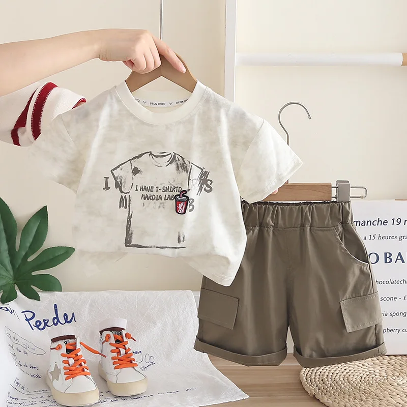 Baby Boys Summer Clothes Set Toddler Boy Casual Tie Dye Print T-Shirt + Elastic Waist Cargo Shorts Kids Fashion Outfit 0-5 Years