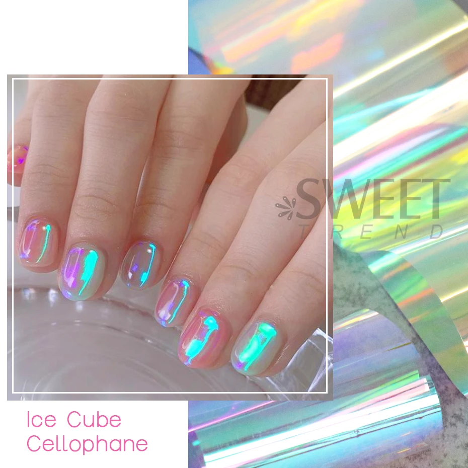 8pcs Holographic Aurora Film Nail Glass Foils Sparkly Ice Cube Transfer Paper Cellophane Sliders Full Cover Wraps Manicure Decor