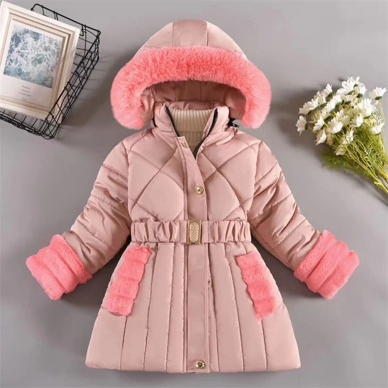 Winter Girls Plus Velvet Warm Coats Children Hooded Thicken Down Jackets Kids Clothing Fashion Long Parkas For Girls 4-12 Years