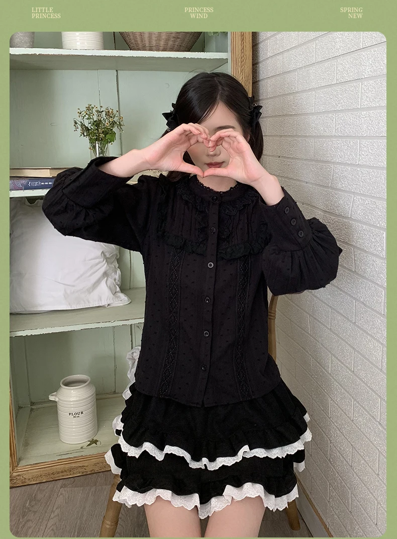 Lolita katoen zoete opstaande kraag kant lange mouw retro dieptepunt shirt lente herfst eenvoudige schattige prinses leeftijdsverminderende top