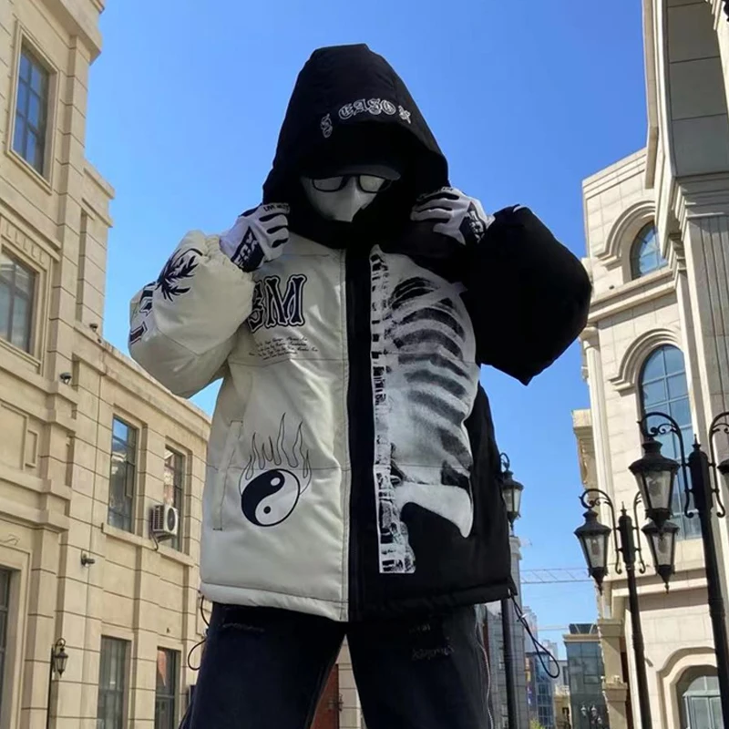 2025 الشتاء الهيكل العظمي طباعة مقنعين سترات سترة سميكة الدافئة الهيب هوب الشارع الشهير معطف مبطّن موضة سترة منفوخة #5
