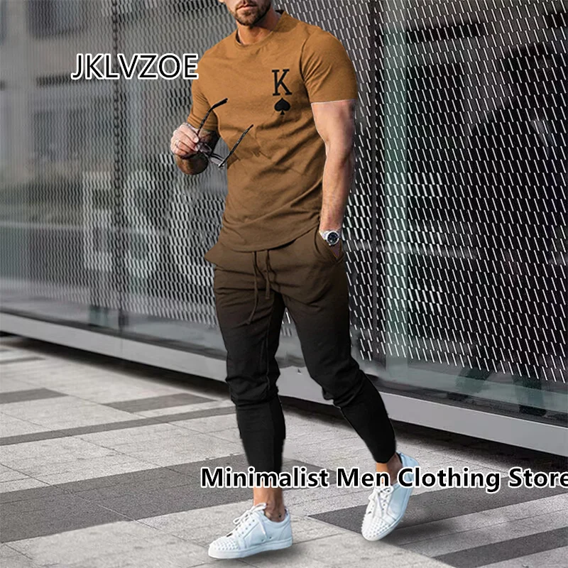 Zomersportpak Effen Kleur Korte Mouw T-Shirt Lange Broek Sets Heren Trainingspak K Print Casual Trend Oversized Kleding