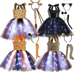 Animal Party Costumes LED Light Up Dress Cat Tiger Giraffe Glow Tutu Skirt Tulle Dress Dance Party Costumes Headband Cosplay