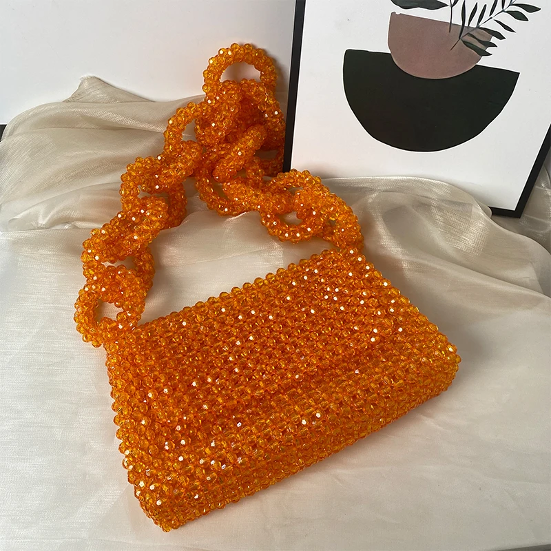 New Fashion INS High Quality Crystal Women\'s Shoulder Bag Handwoven Orange Beaded Flip Handbags for Women Luxury Evening Bags