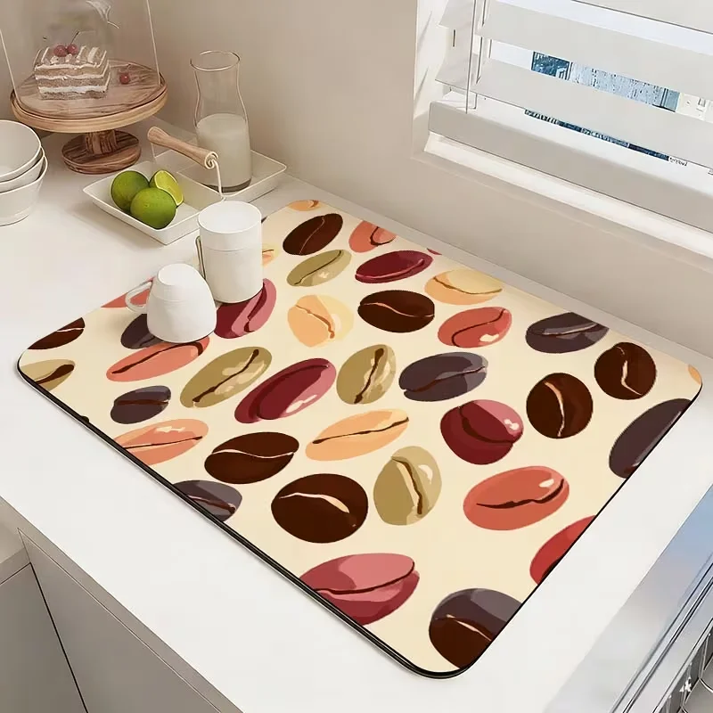Vintage Beige Coffee Bean Pack Hand Letter Print Drying Mat Non Slip Coffee Bar Kitchen Sink Table Protection Mat