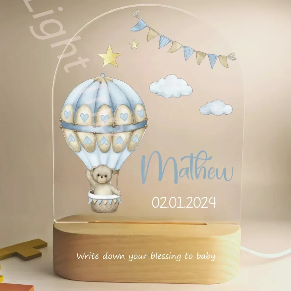 Luz nocturna de nacimiento personalizada para bebé, Lámpara USB con nombre personalizado, Animal, oso, conejo, para dormitorio, regalo de cumpleaños y Navidad